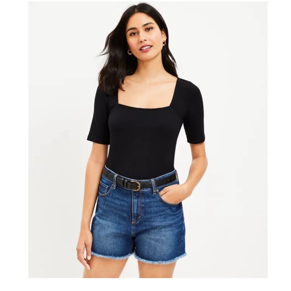 Loft short sleeve fitted ribbed black twist cutout back. top with square neck